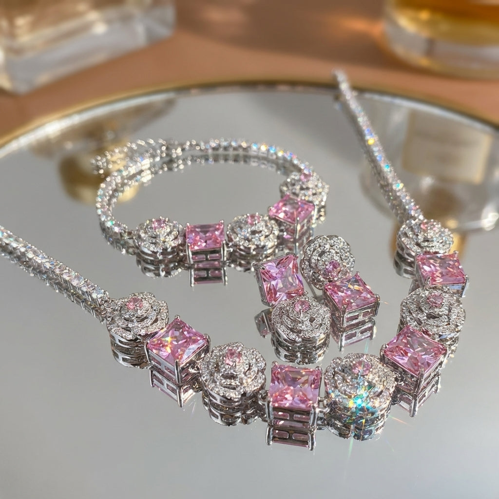 Pink Rose Earrings with Princess Cut Gemstone - Romantic Elegance