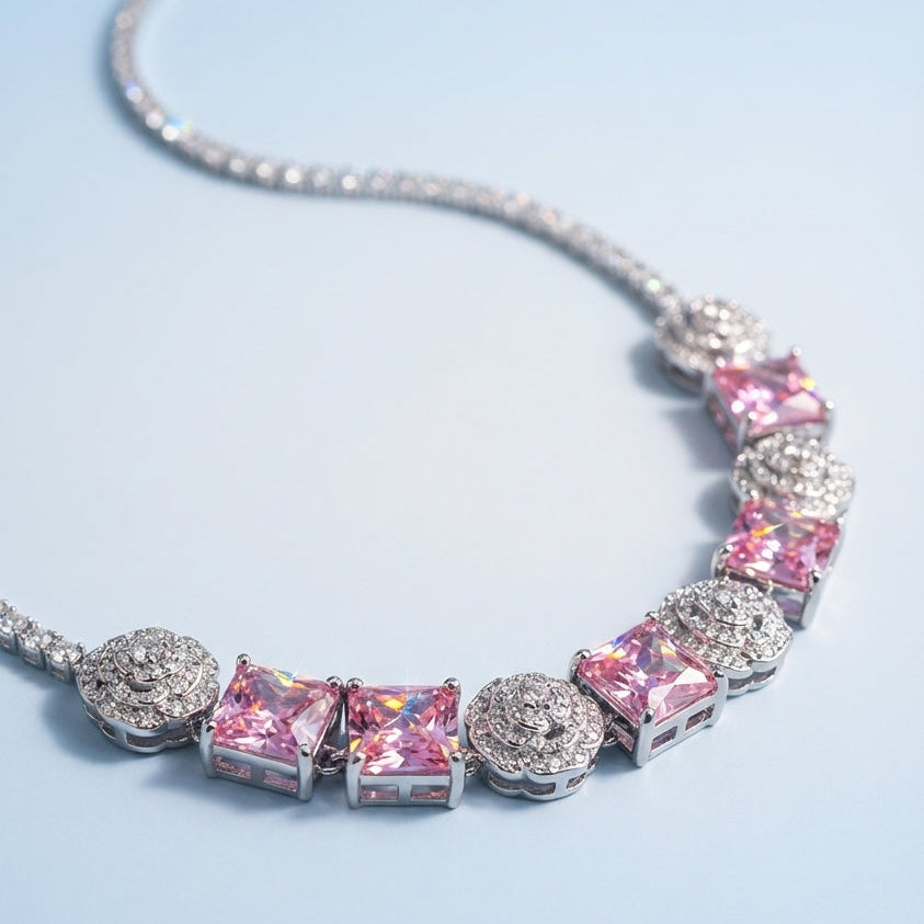 Pink Rose Earrings with Princess Cut Gemstone - Romantic Elegance