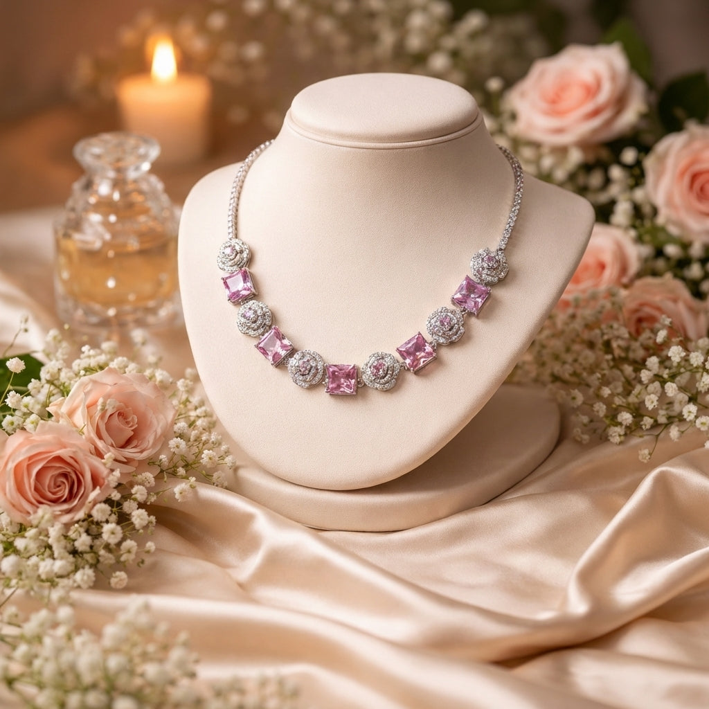 Pink Rose Earrings with Princess Cut Gemstone - Romantic Elegance