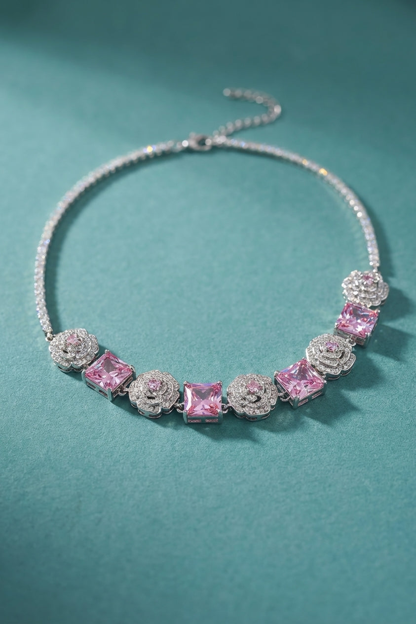Pink Rose Earrings with Princess Cut Gemstone - Romantic Elegance