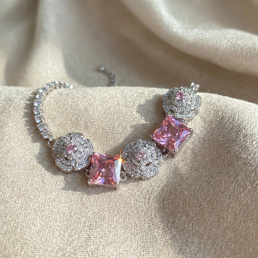 Pink Rose Earrings with Princess Cut Gemstone - Romantic Elegance