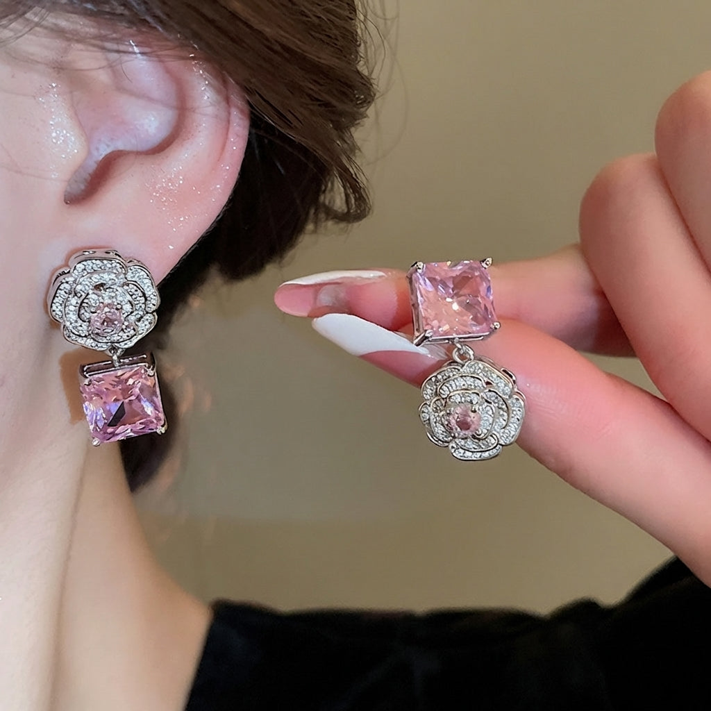 Pink Rose Earrings with Princess Cut Gemstone - Romantic Elegance