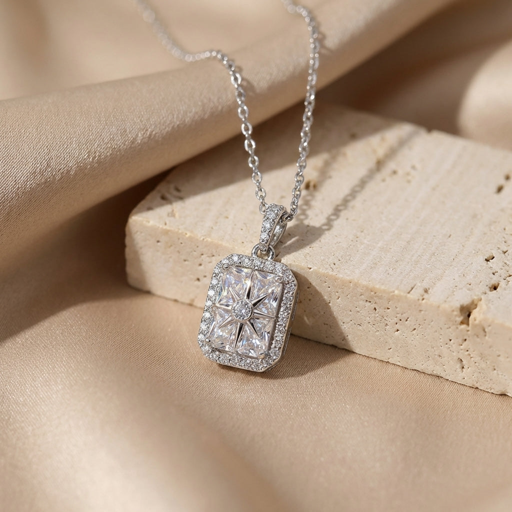 Modern Classic Rectangular Halo Necklace – Desk-to-Dinner Sparkle