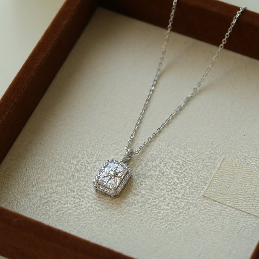 Modern Classic Rectangular Halo Necklace – Desk-to-Dinner Sparkle