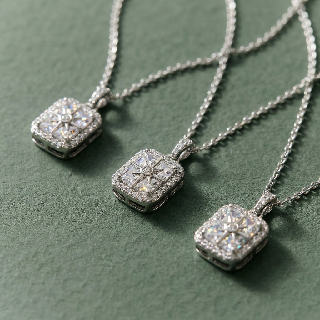 Modern Classic Rectangular Halo Necklace – Desk-to-Dinner Sparkle