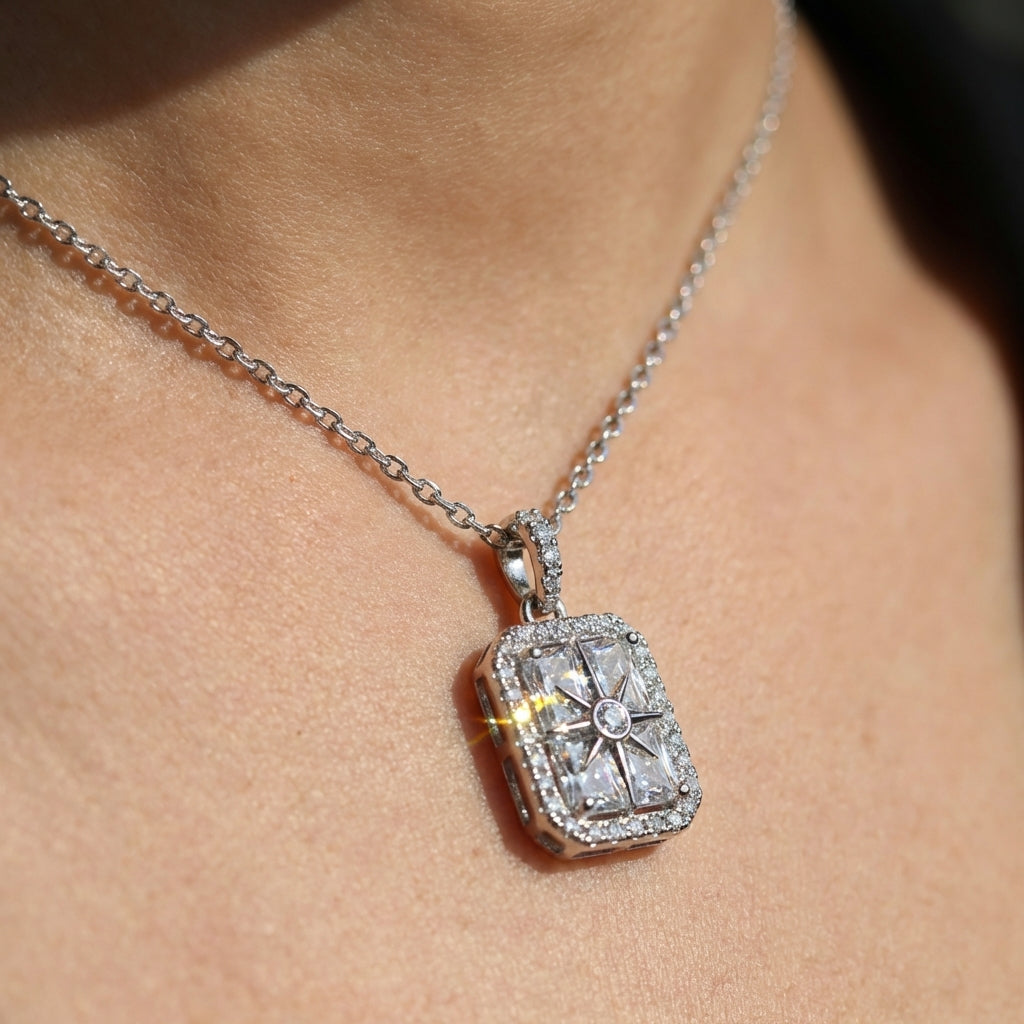 Modern Classic Rectangular Halo Necklace – Desk-to-Dinner Sparkle