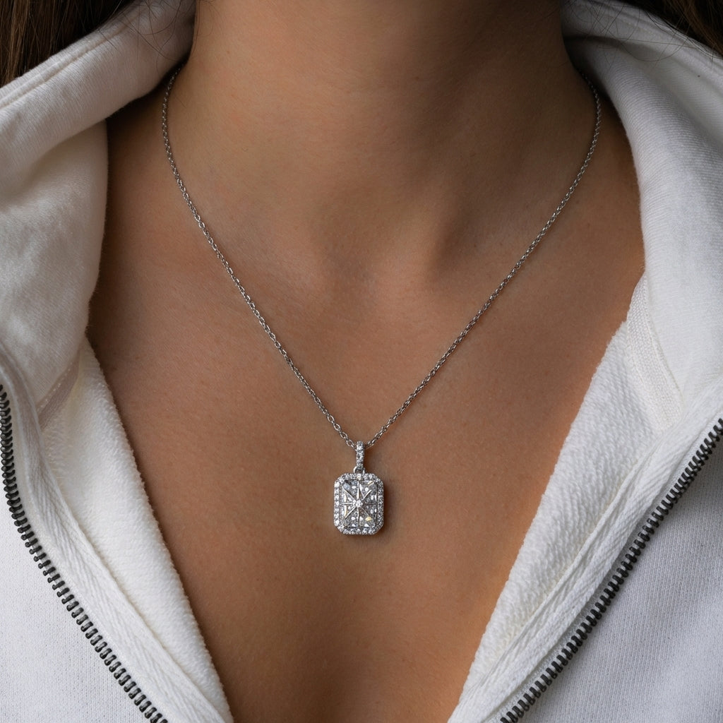 Modern Classic Rectangular Halo Necklace – Desk-to-Dinner Sparkle