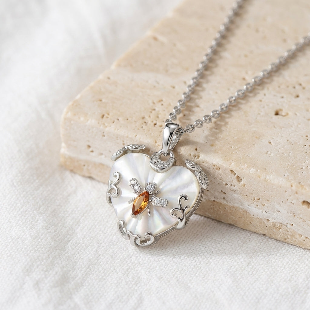 Mother-of-Pearl Bee Heart Necklace – Whimsical Elegance