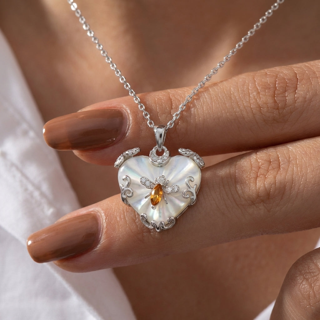 Mother-of-Pearl Bee Heart Necklace – Whimsical Elegance