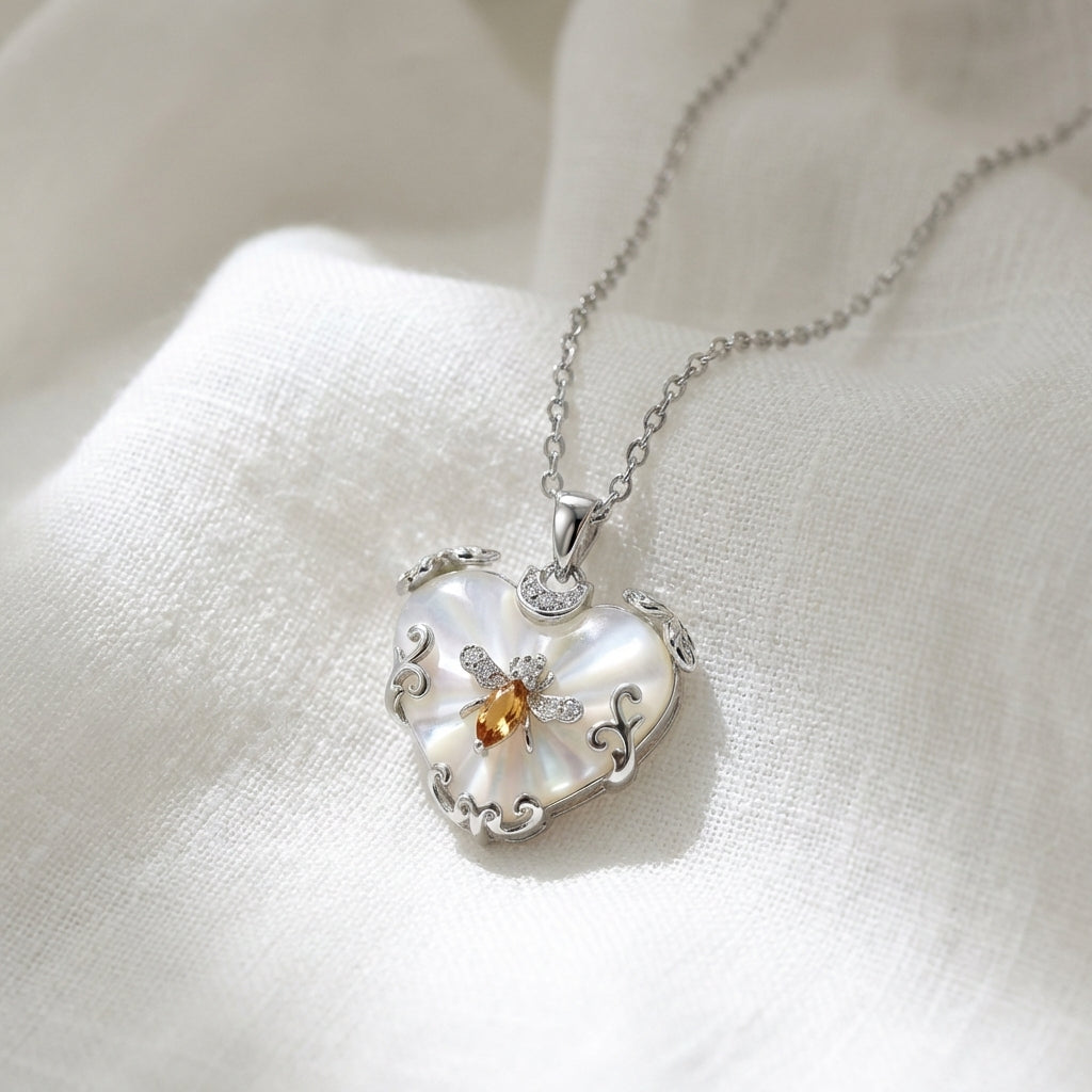 Mother-of-Pearl Bee Heart Necklace – Whimsical Elegance
