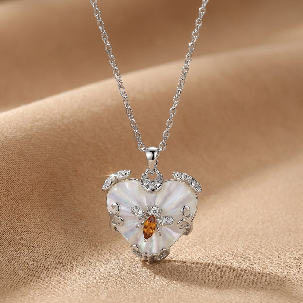 Mother-of-Pearl Bee Heart Necklace – Whimsical Elegance