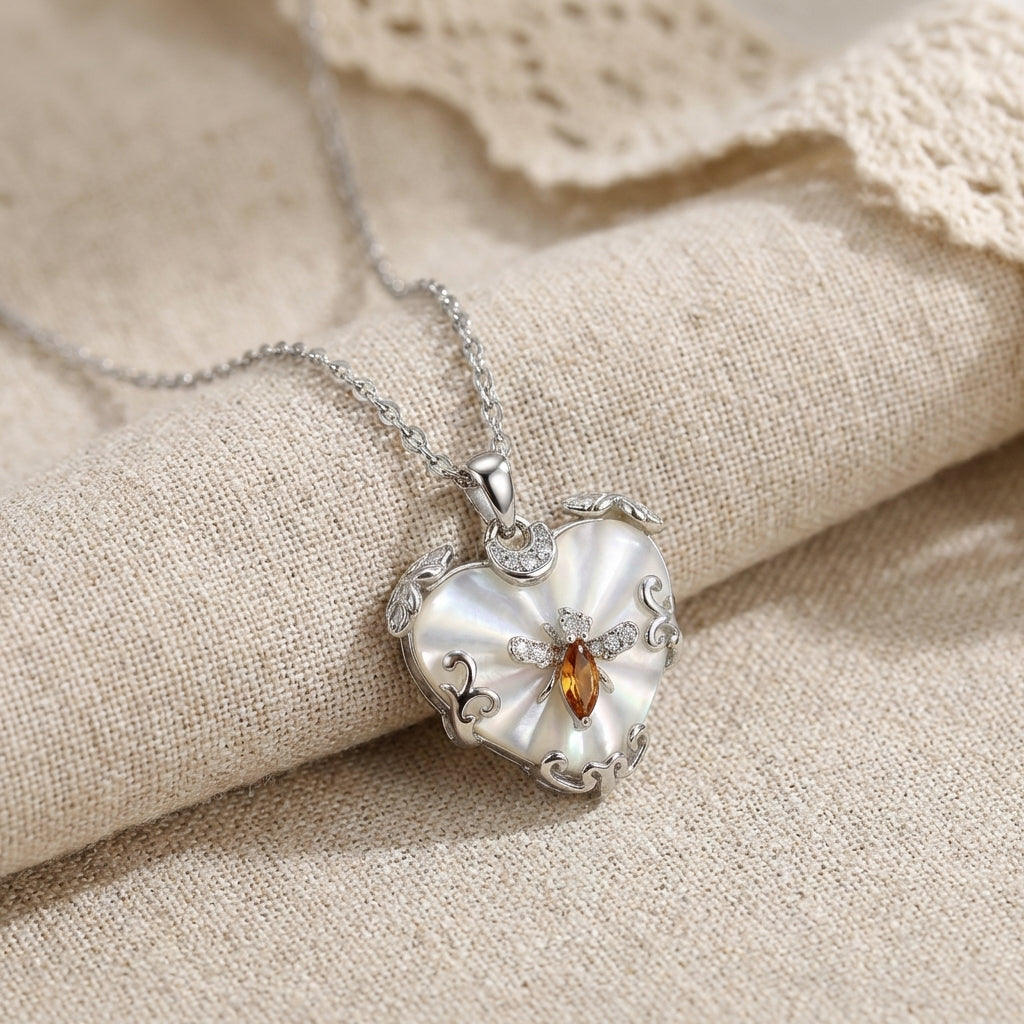 Mother-of-Pearl Bee Heart Necklace – Whimsical Elegance