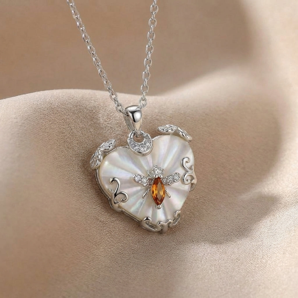 Mother-of-Pearl Bee Heart Necklace – Whimsical Elegance