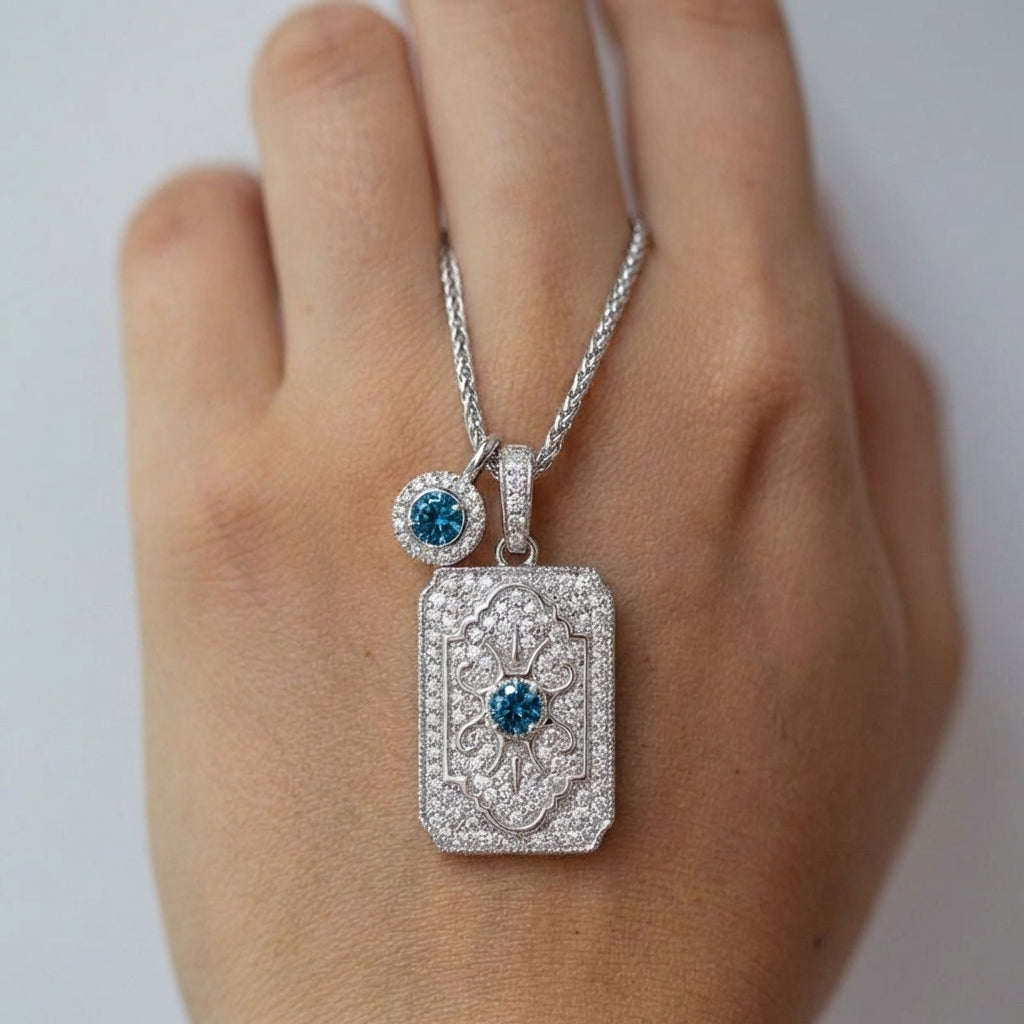 Regal Art Deco Azure Stone Pendant Necklace