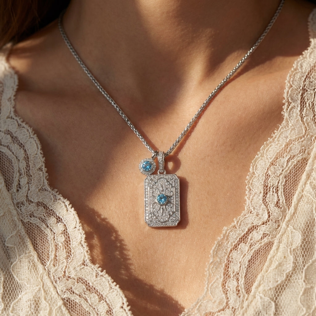 Regal Art Deco Azure Stone Pendant Necklace