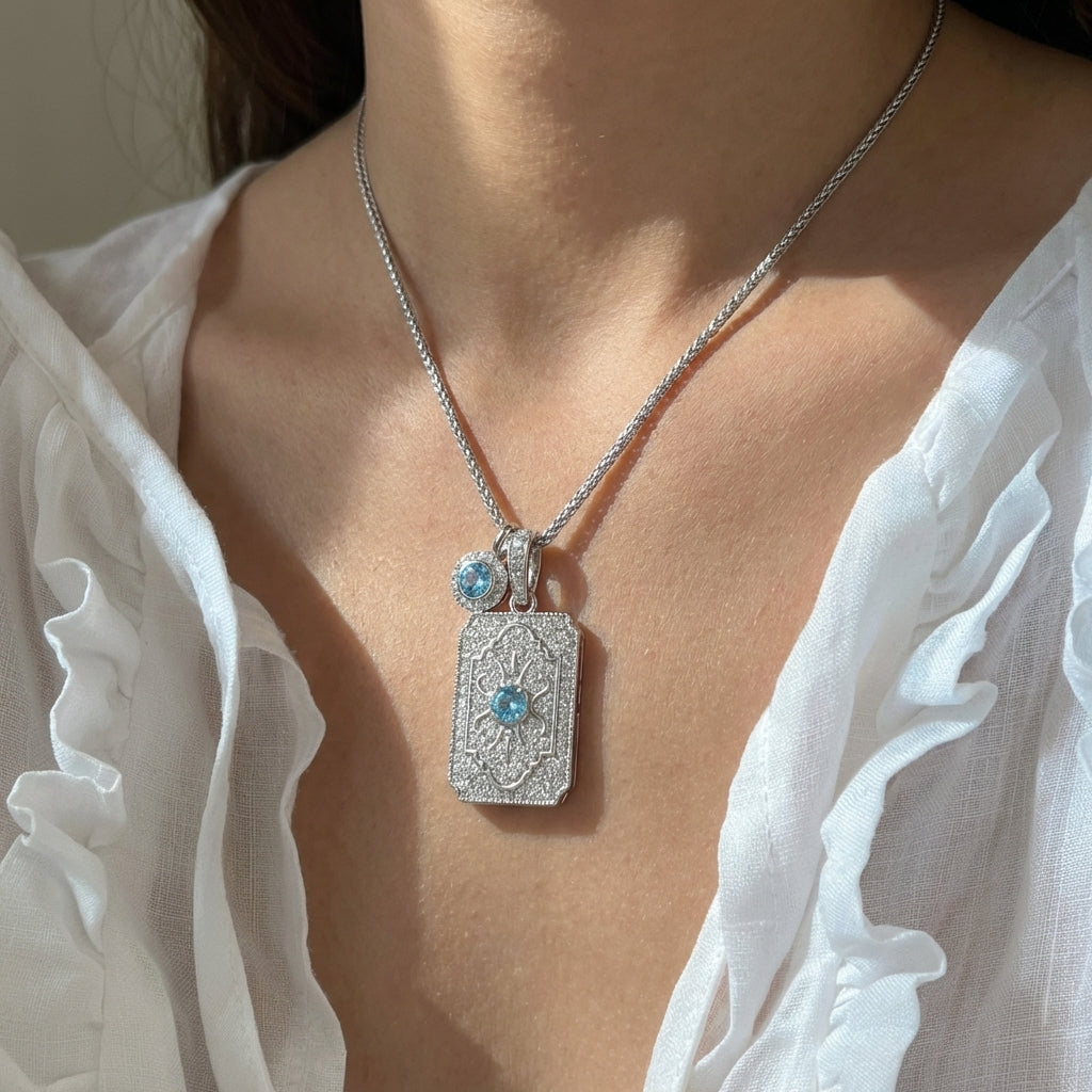 Regal Art Deco Azure Stone Pendant Necklace