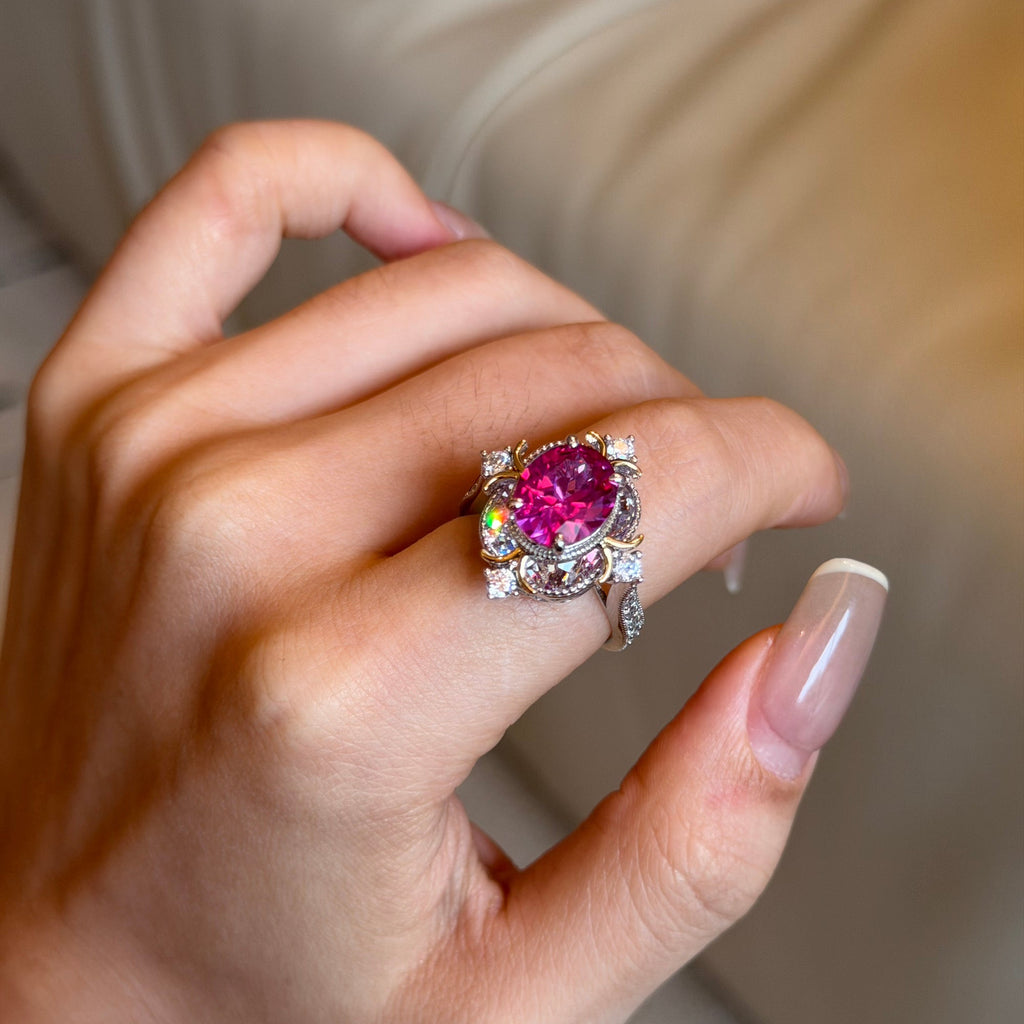 Lab Created Pink Sapphire Statement Ring – Vintage Floral Design
