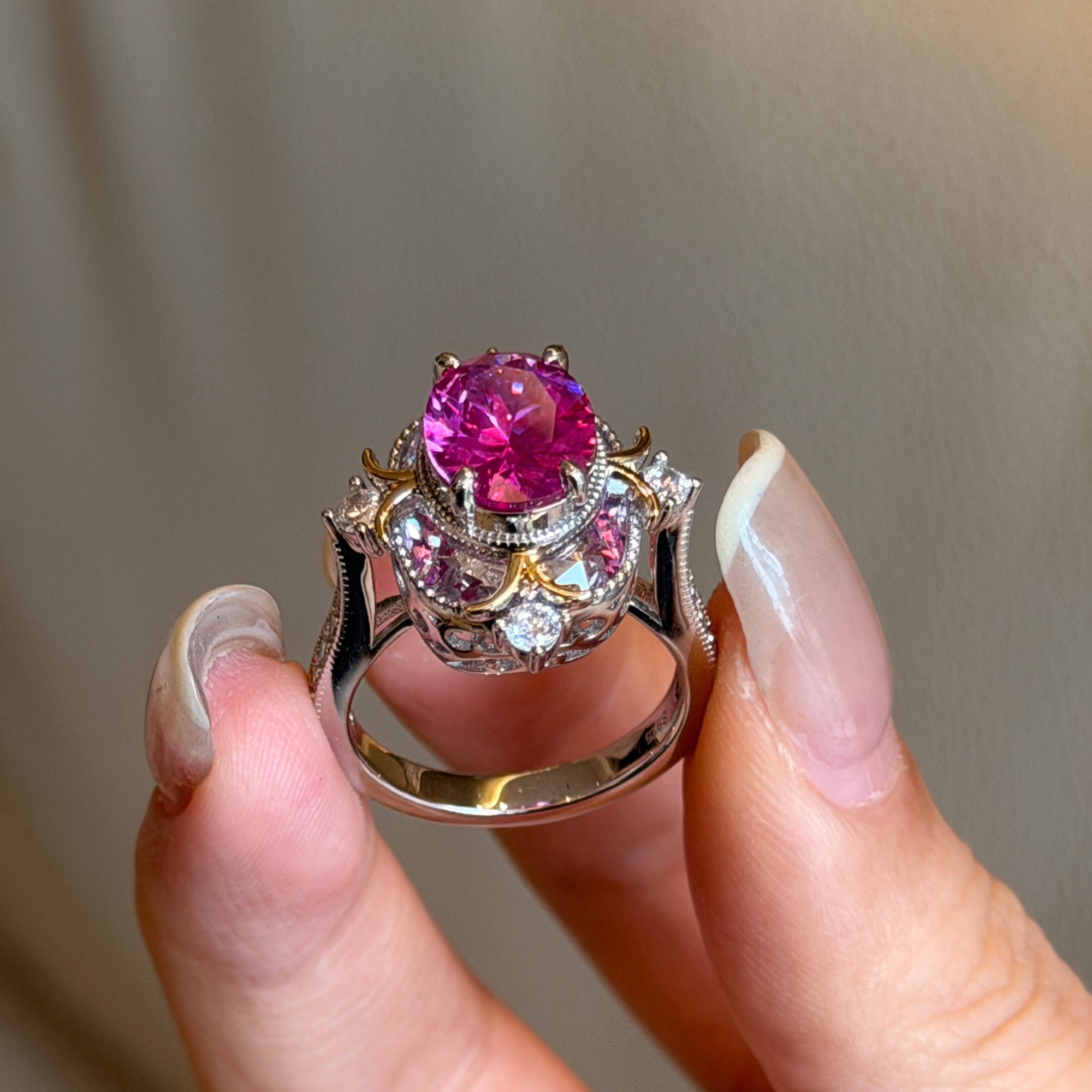 Lab Created Pink Sapphire Statement Ring – Vintage Floral Design
