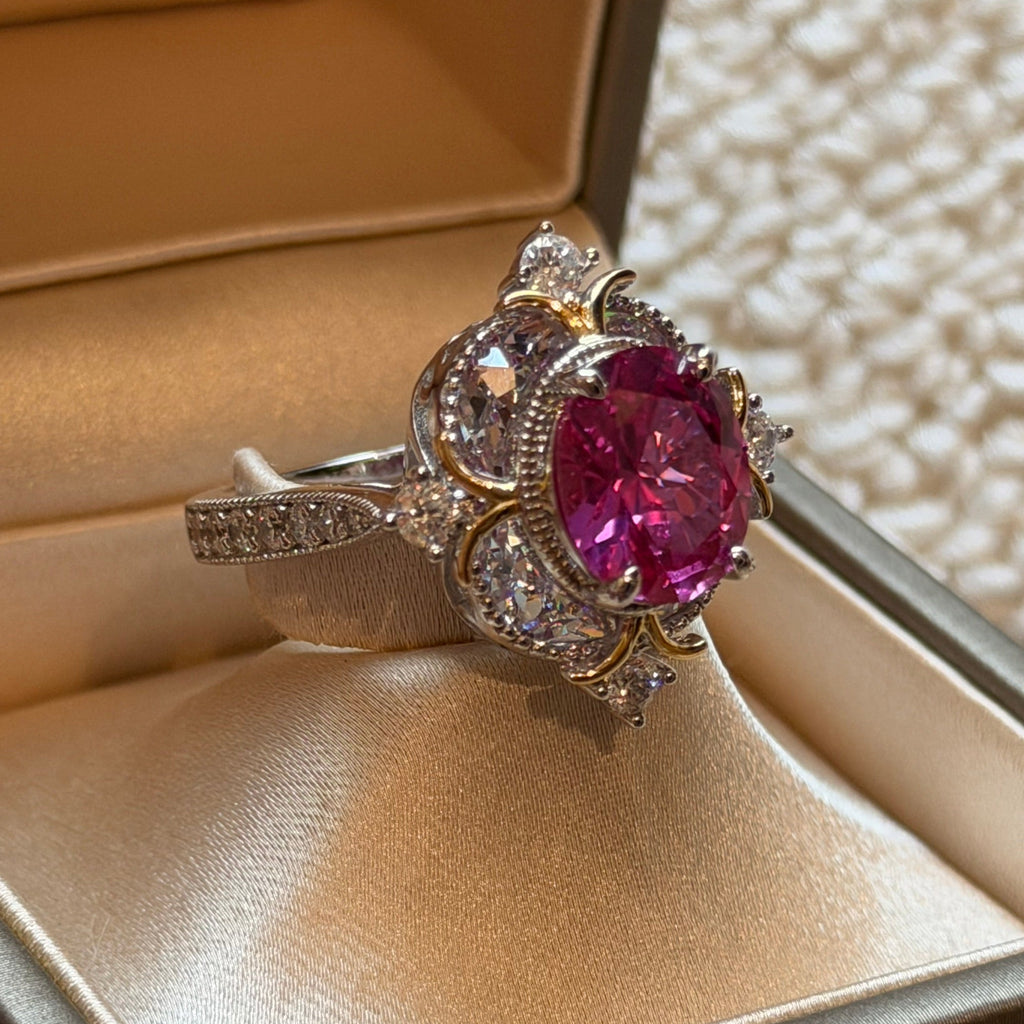 Lab Created Pink Sapphire Statement Ring – Vintage Floral Design
