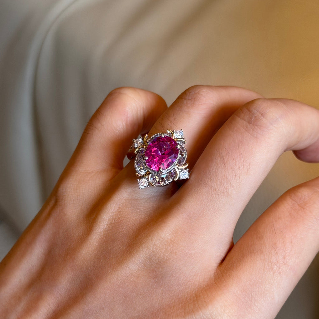 Lab Created Pink Sapphire Statement Ring – Vintage Floral Design