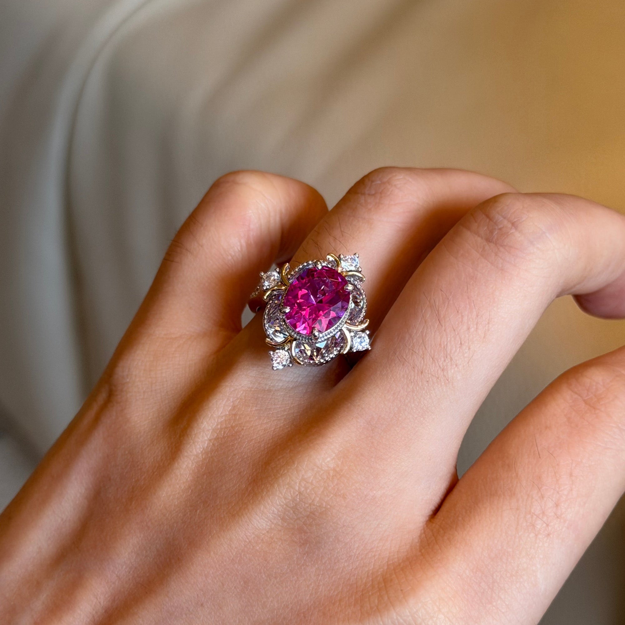 Lab Created Pink Sapphire Statement Ring – Vintage Floral Design