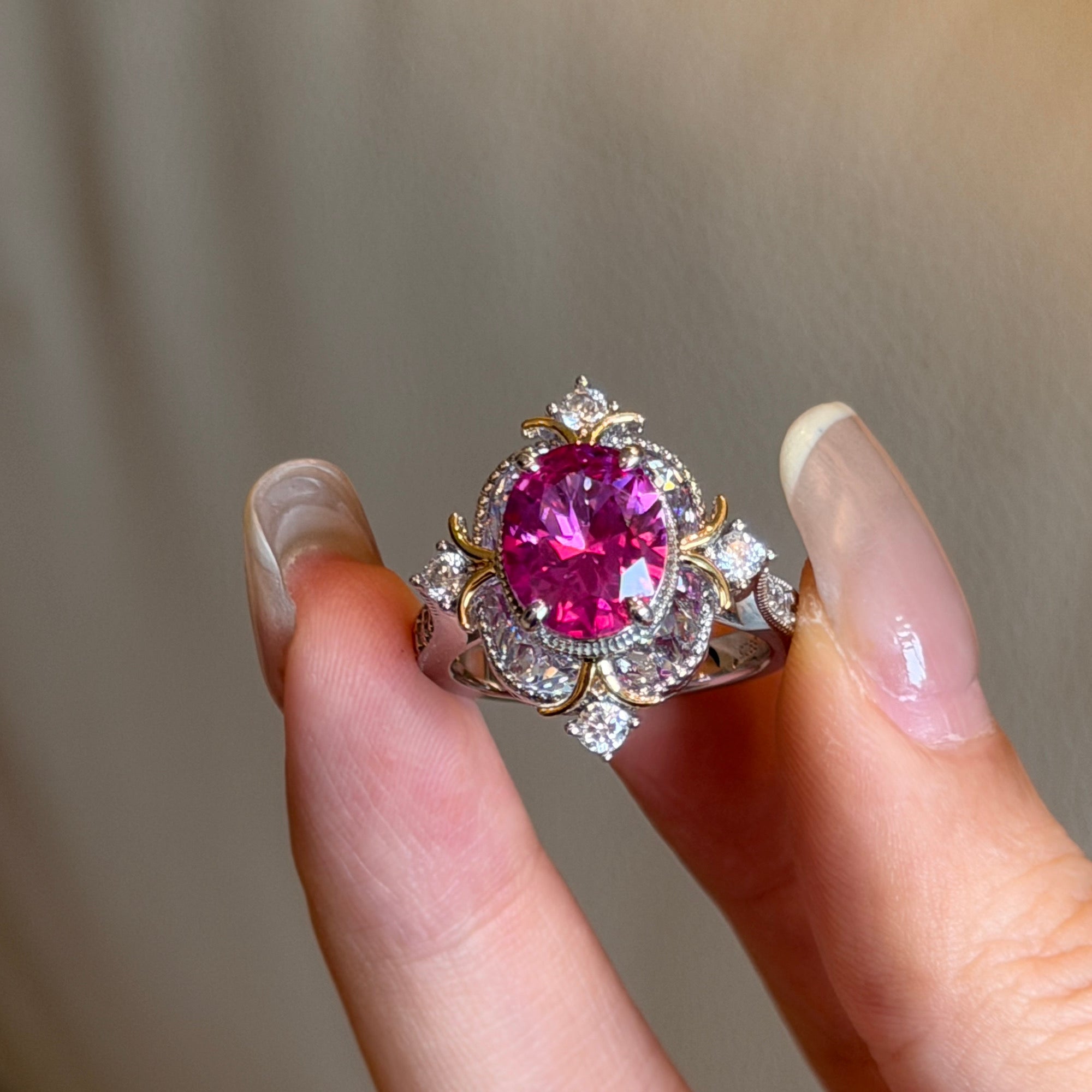 Lab Created Pink Sapphire Statement Ring – Vintage Floral Design
