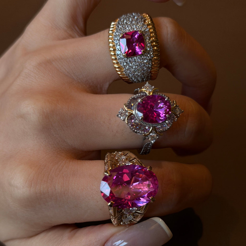 Lab Created Pink Sapphire Statement Ring – Vintage Floral Design