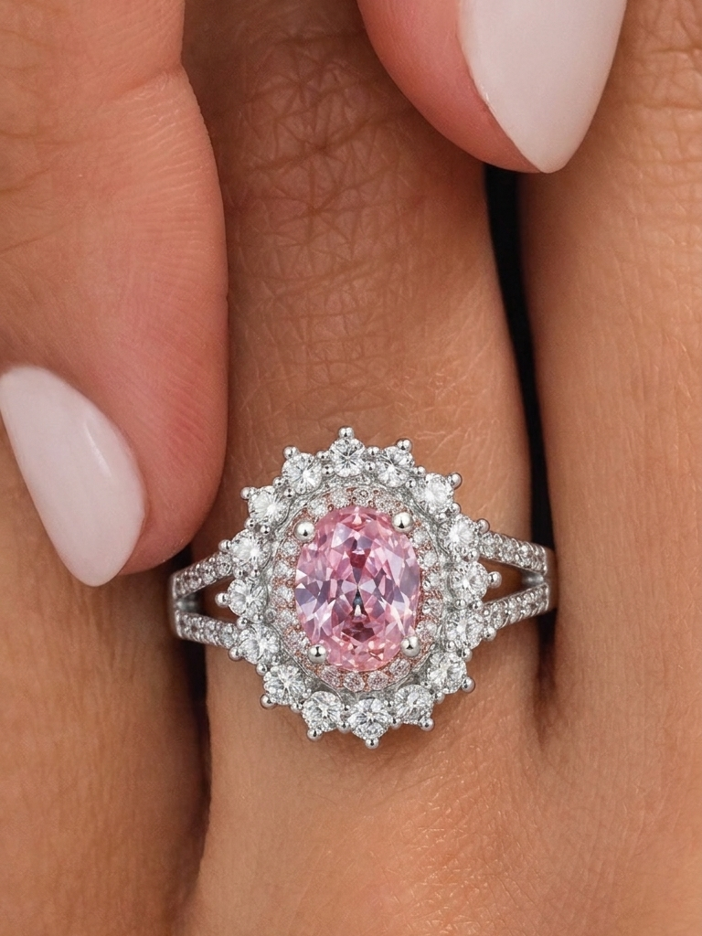 Oval Halo Gemstone Ring – Aquamarine & Pink