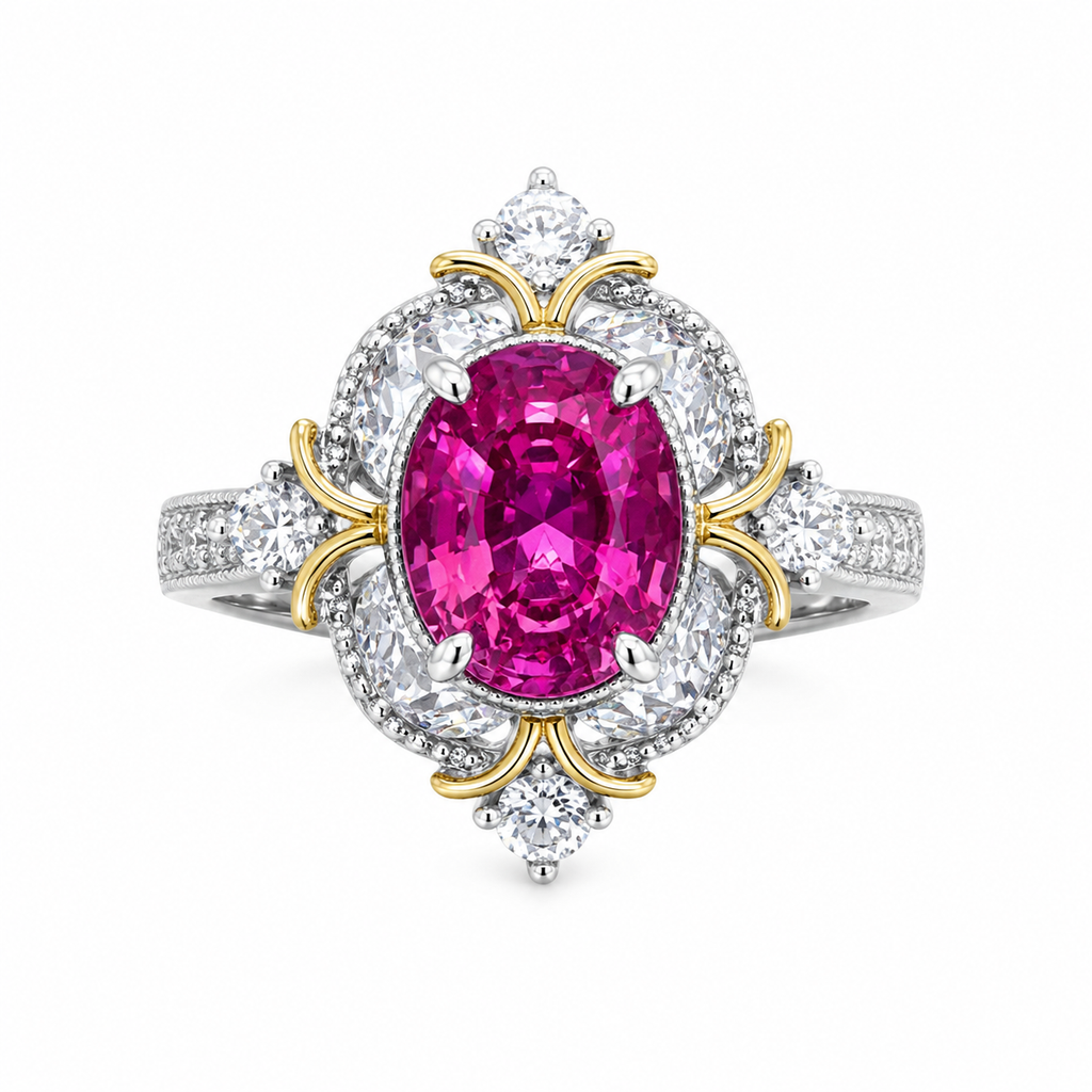 Lab Created Pink Sapphire Statement Ring – Vintage Floral Design