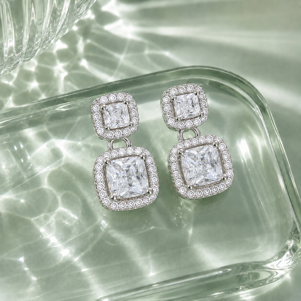 Dazzling Square Halo Drop Earrings – Effortless Desk-to-Dinner Glamour