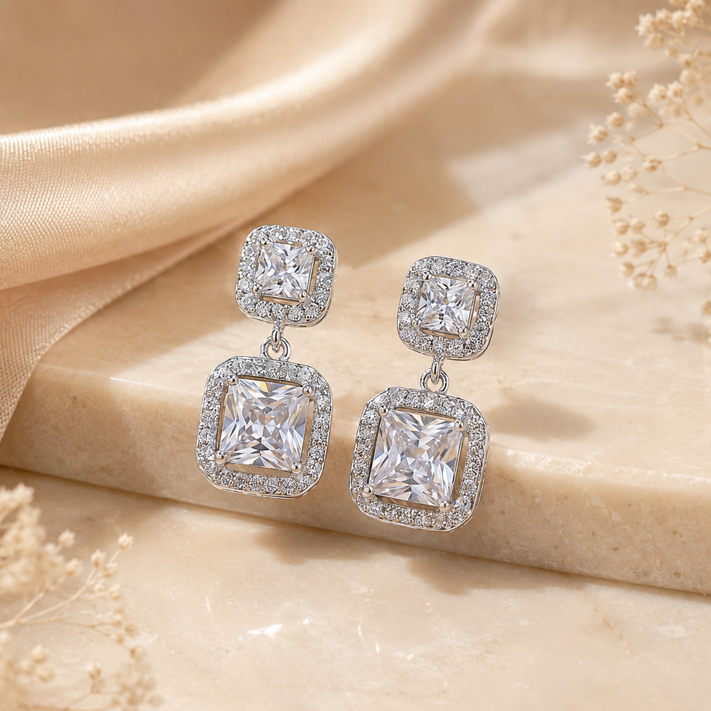 Dazzling Square Halo Drop Earrings – Effortless Desk-to-Dinner Glamour