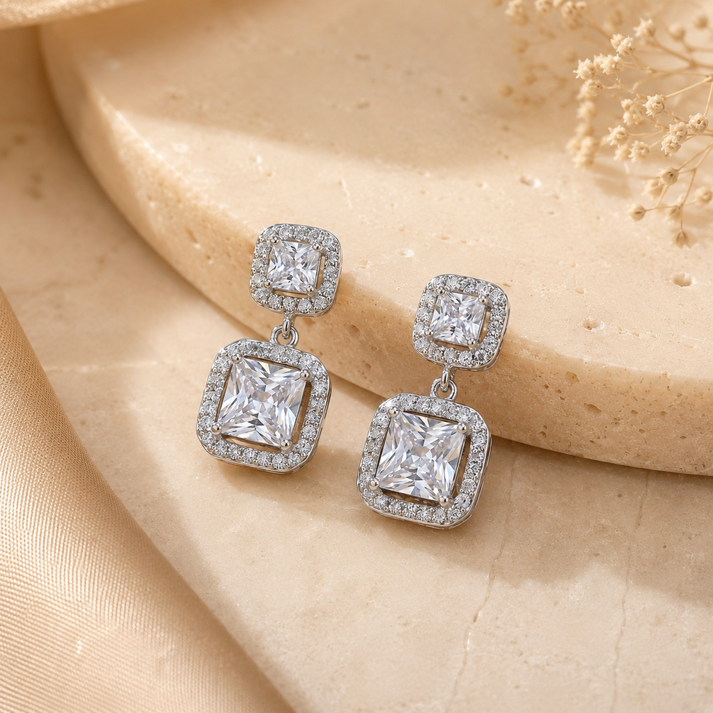 Dazzling Square Halo Drop Earrings – Effortless Desk-to-Dinner Glamour