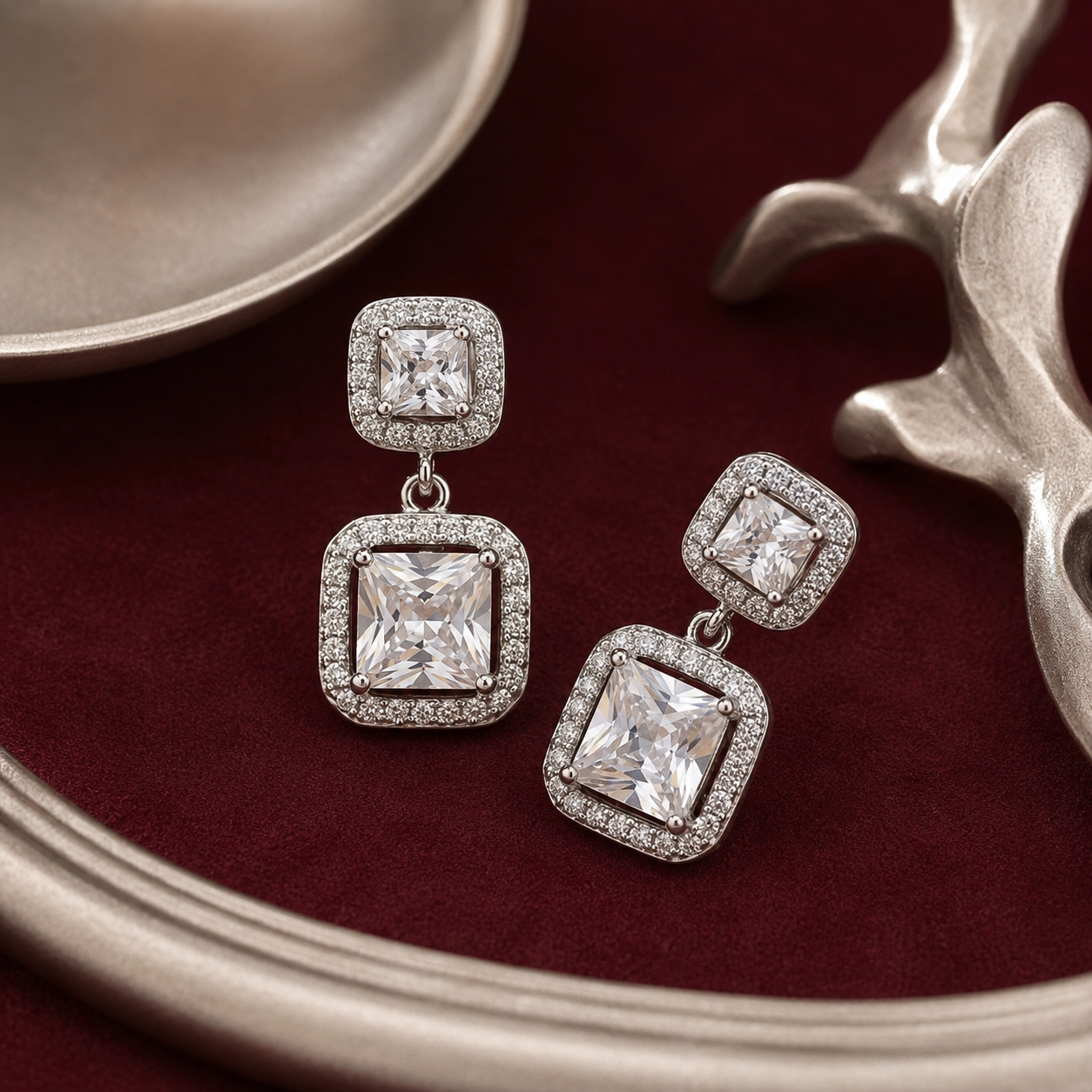 Dazzling Square Halo Drop Earrings – Effortless Desk-to-Dinner Glamour