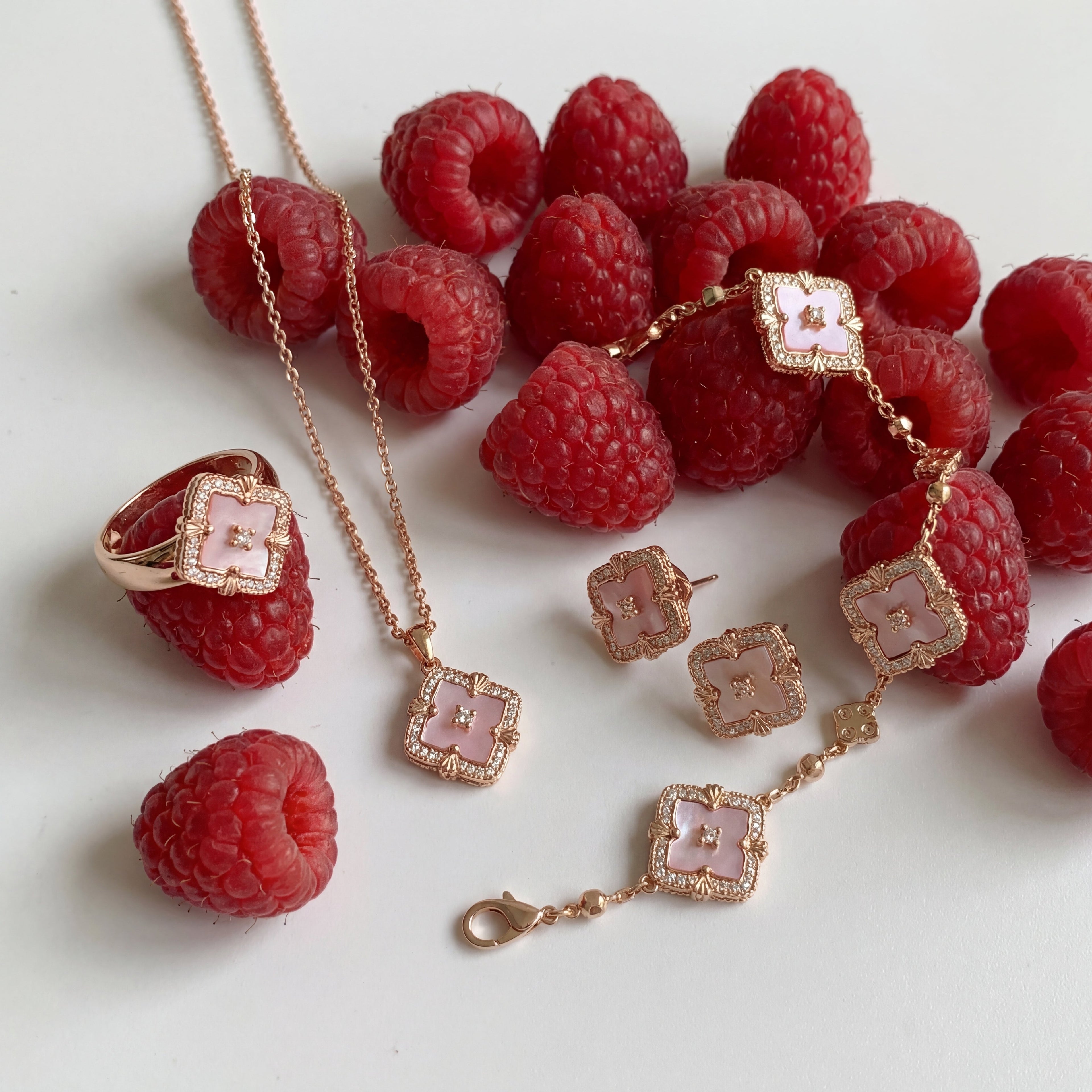 Blush Clover Set——Pink Mother of Pearl Jewelry Set Necklace, Bracelet, Earrings & Ring