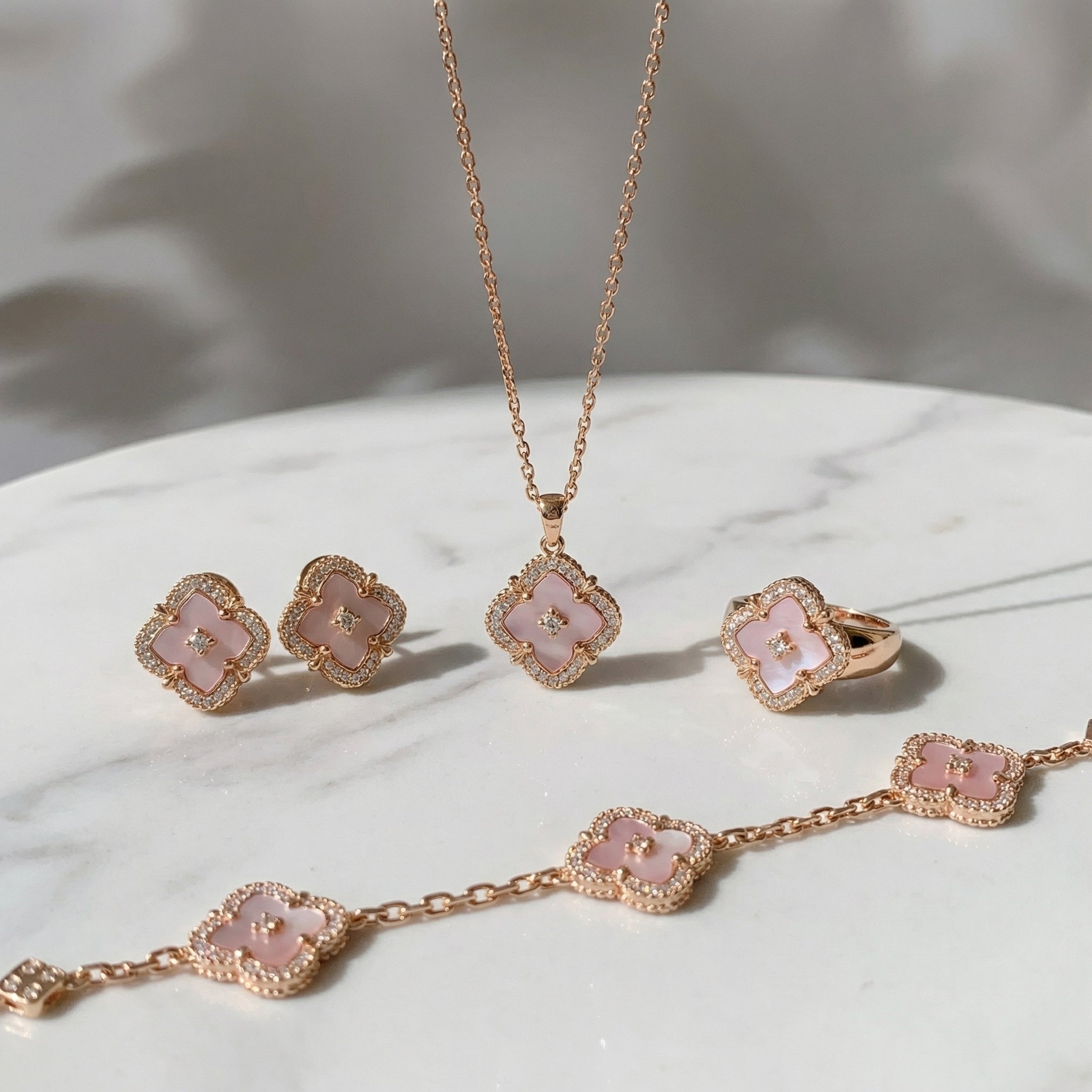 Blush Clover Set——Pink Mother of Pearl Jewelry Set Necklace, Bracelet, Earrings & Ring