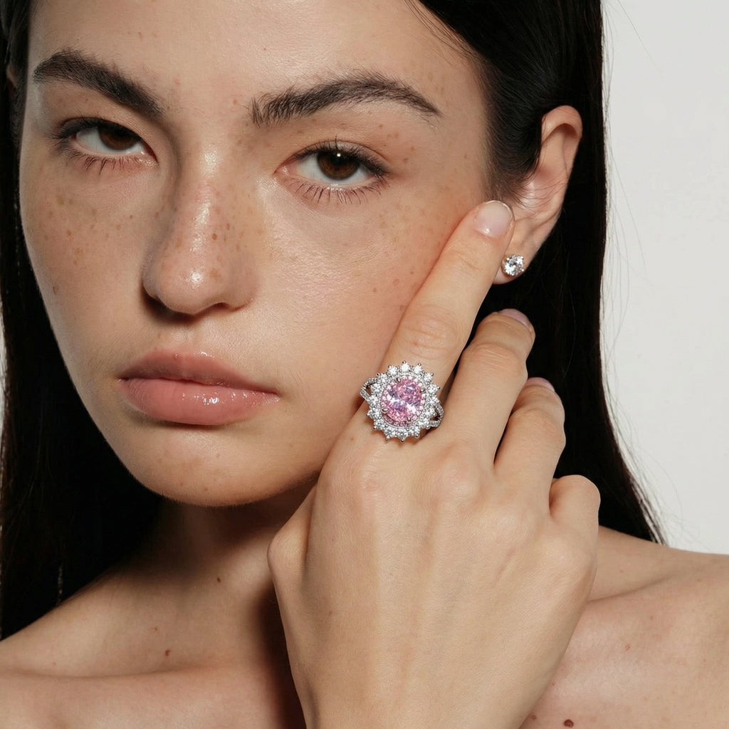 Oval Halo Gemstone Ring – Aquamarine & Pink