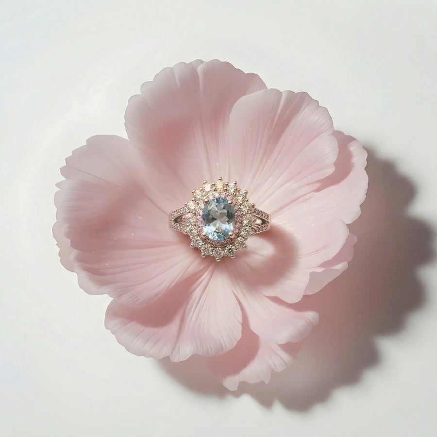 Oval Halo Gemstone Ring – Aquamarine & Pink