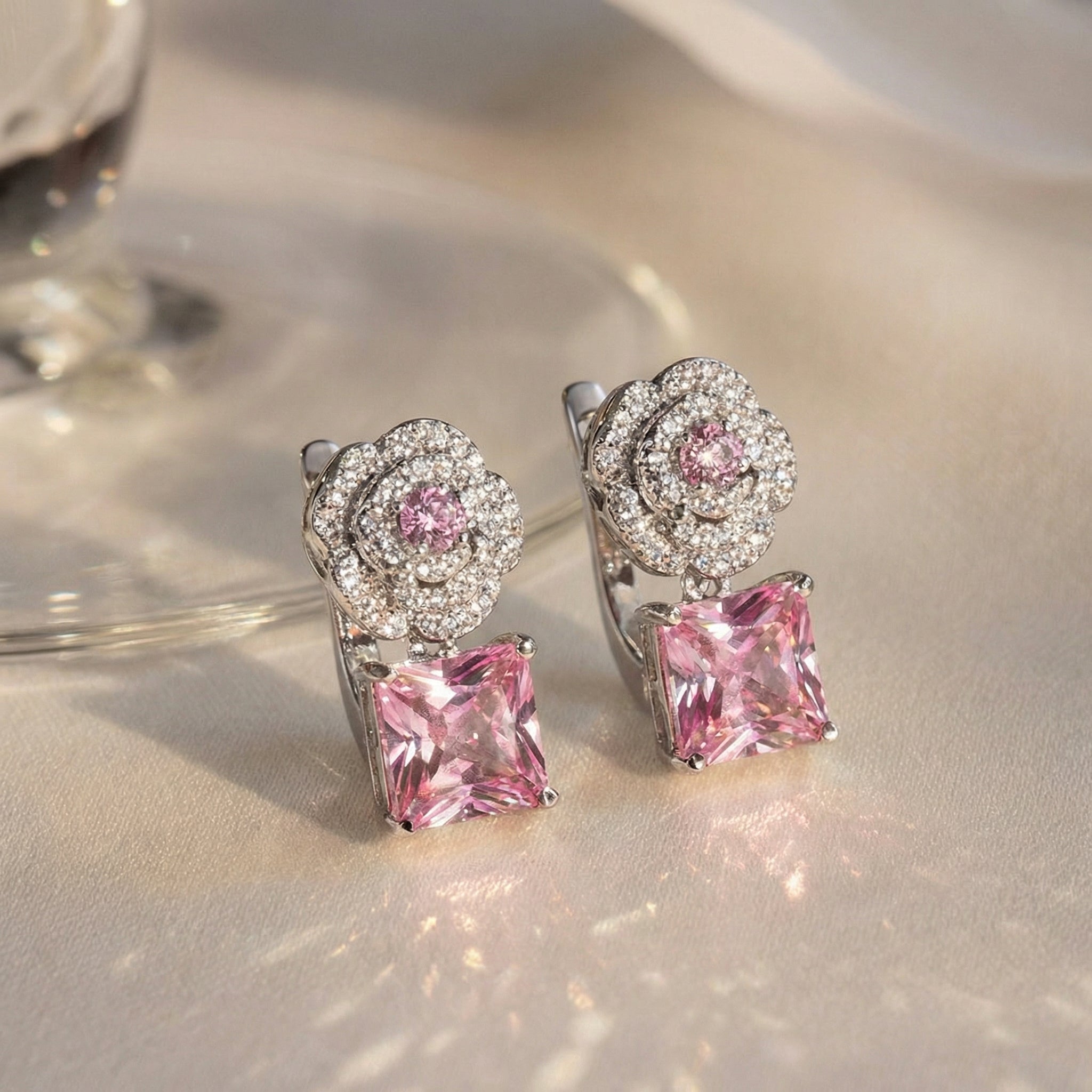 Pink Rose Earrings with Princess Cut Gemstone - Romantic Elegance