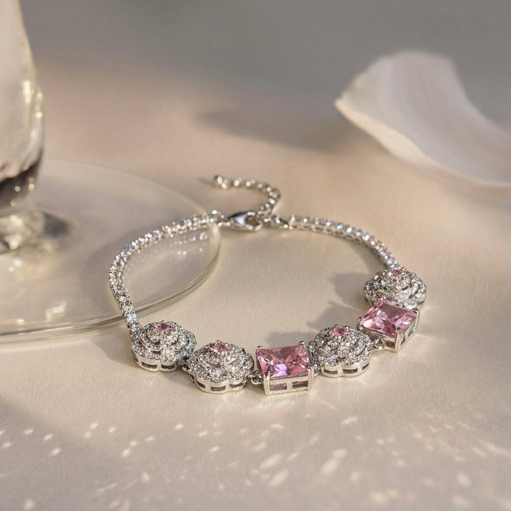 Pink Rose Earrings with Princess Cut Gemstone - Romantic Elegance