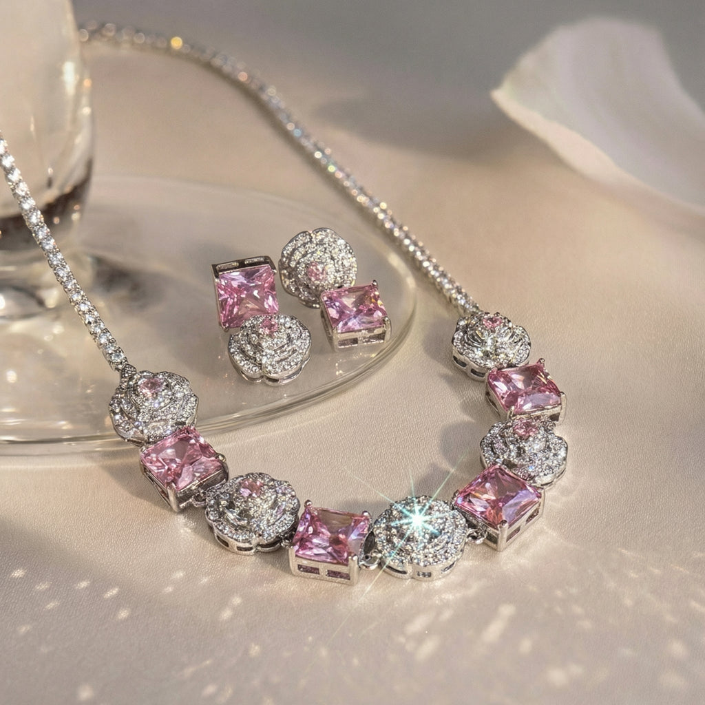 Pink Rose Earrings with Princess Cut Gemstone - Romantic Elegance