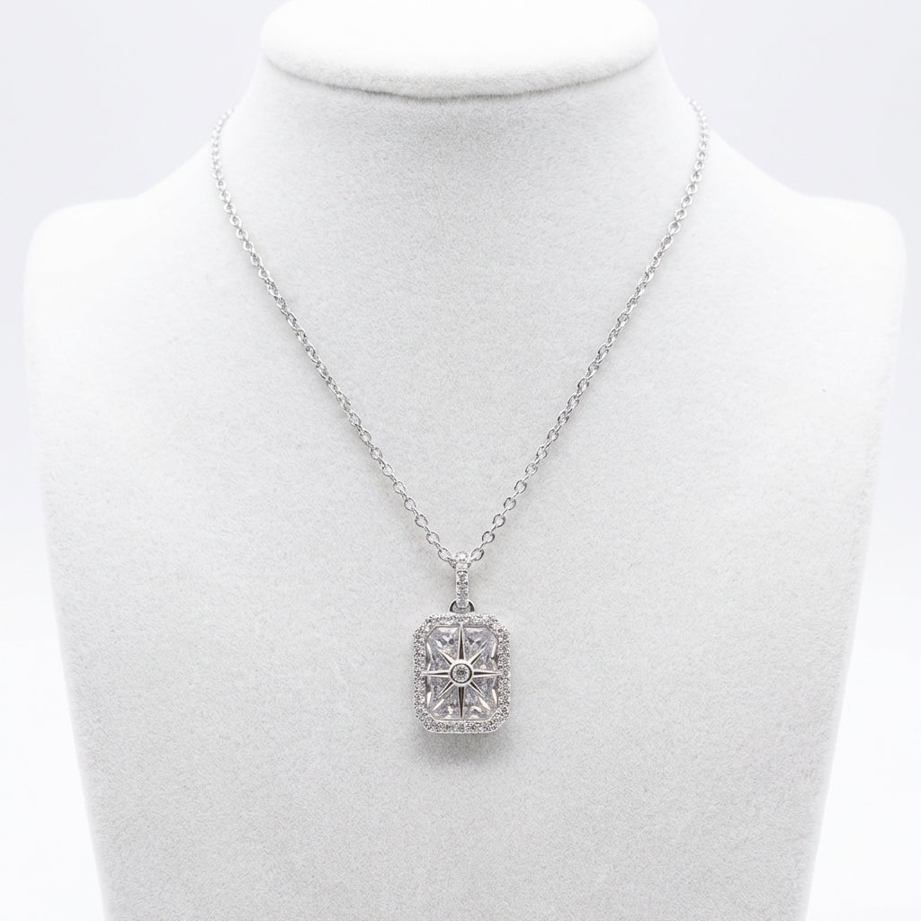 Modern Classic Rectangular Halo Necklace – Desk-to-Dinner Sparkle
