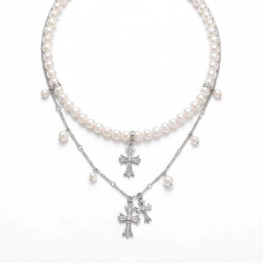 Chic Layered Pearl & Cross Necklace – Modern Edge Elegance