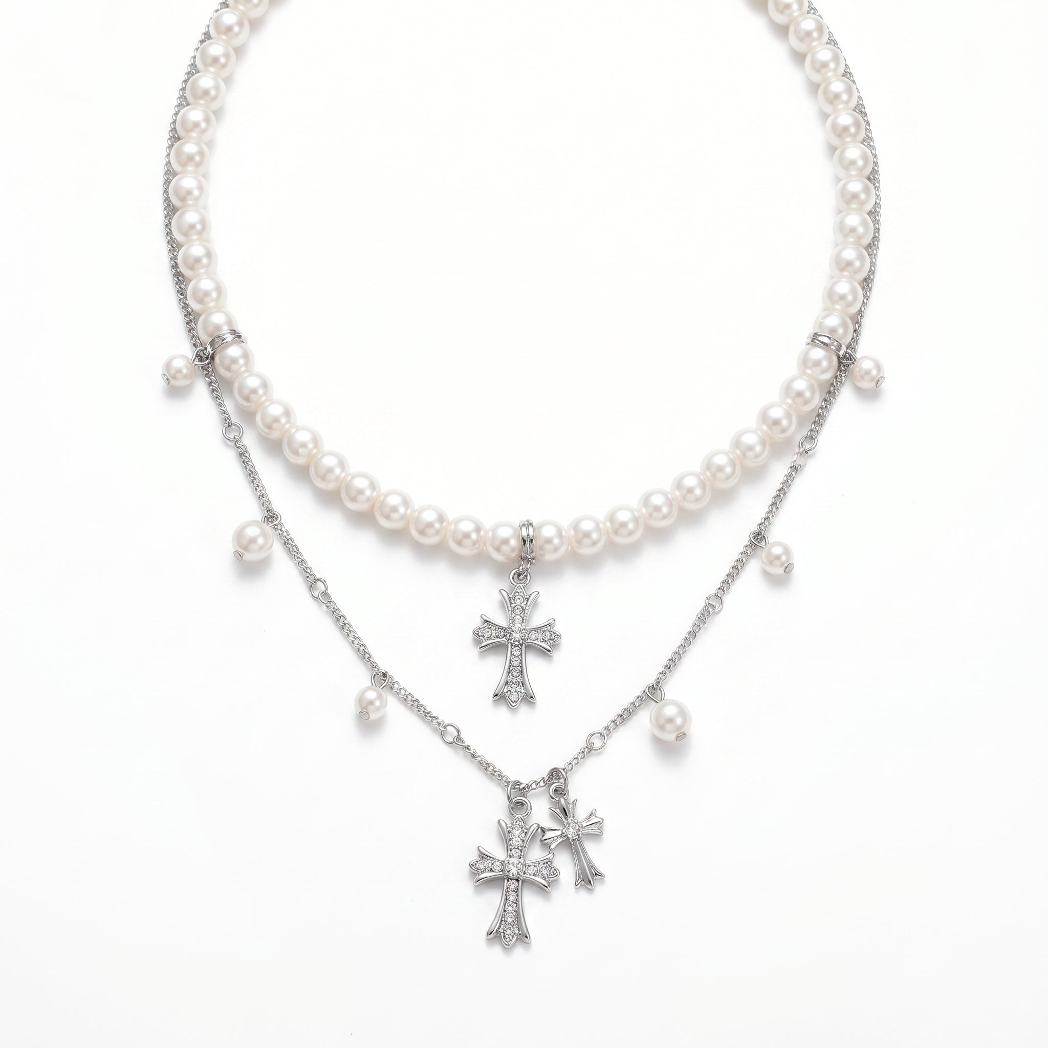 Chic Layered Pearl & Cross Necklace – Modern Edge Elegance