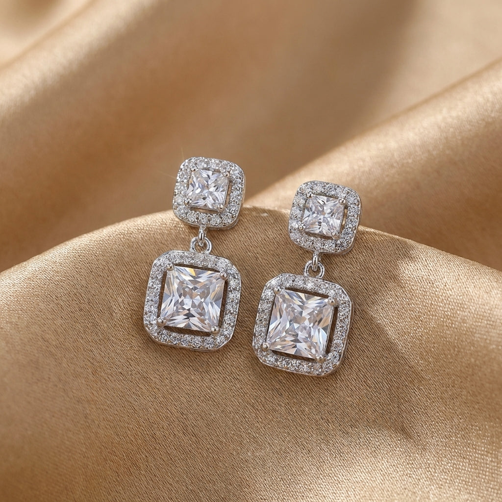 Dazzling Square Halo Drop Earrings – Effortless Desk-to-Dinner Glamour