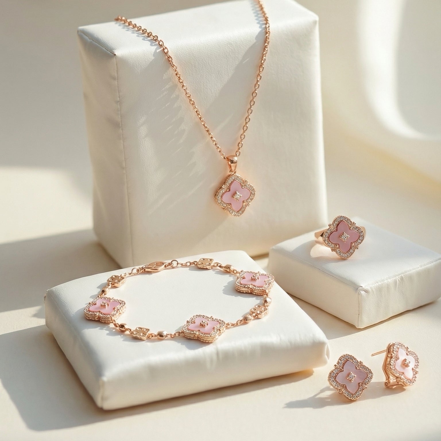 Blush Clover Set——Pink Mother of Pearl Jewelry Set Necklace, Bracelet, Earrings & Ring