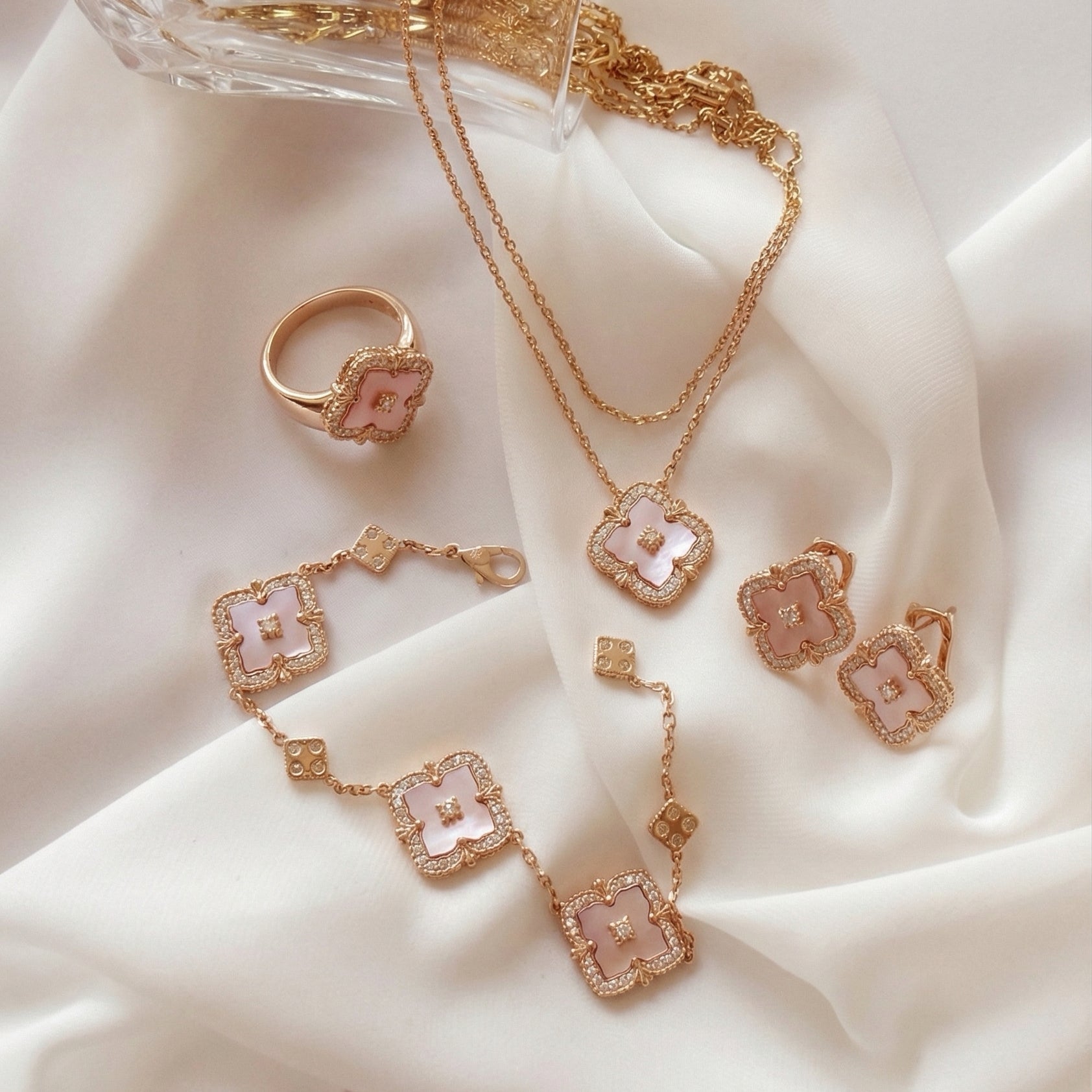 Blush Clover Set——Pink Mother of Pearl Jewelry Set Necklace, Bracelet, Earrings & Ring