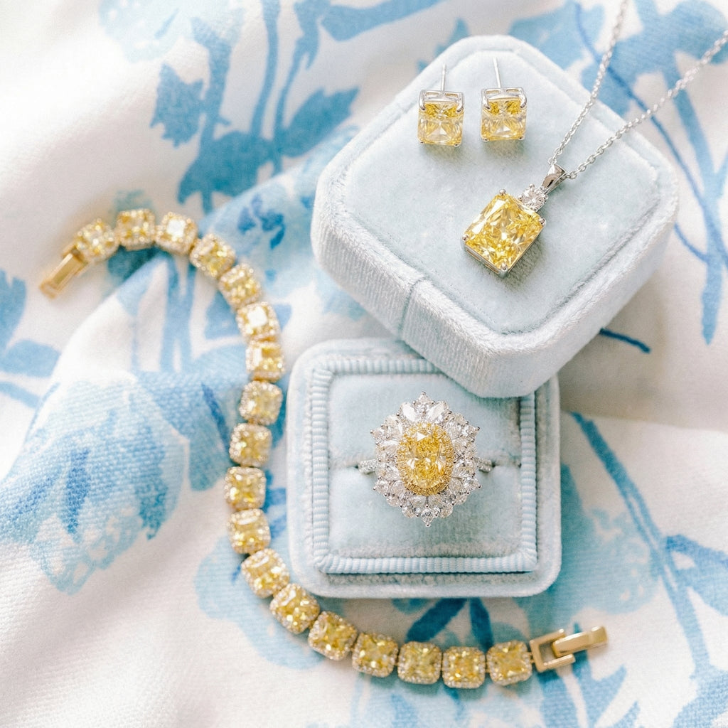 Imperial Gold Halo Set-Yellow Gemstone Jewelry Set Necklace, Bracelet, Earrings & Ring