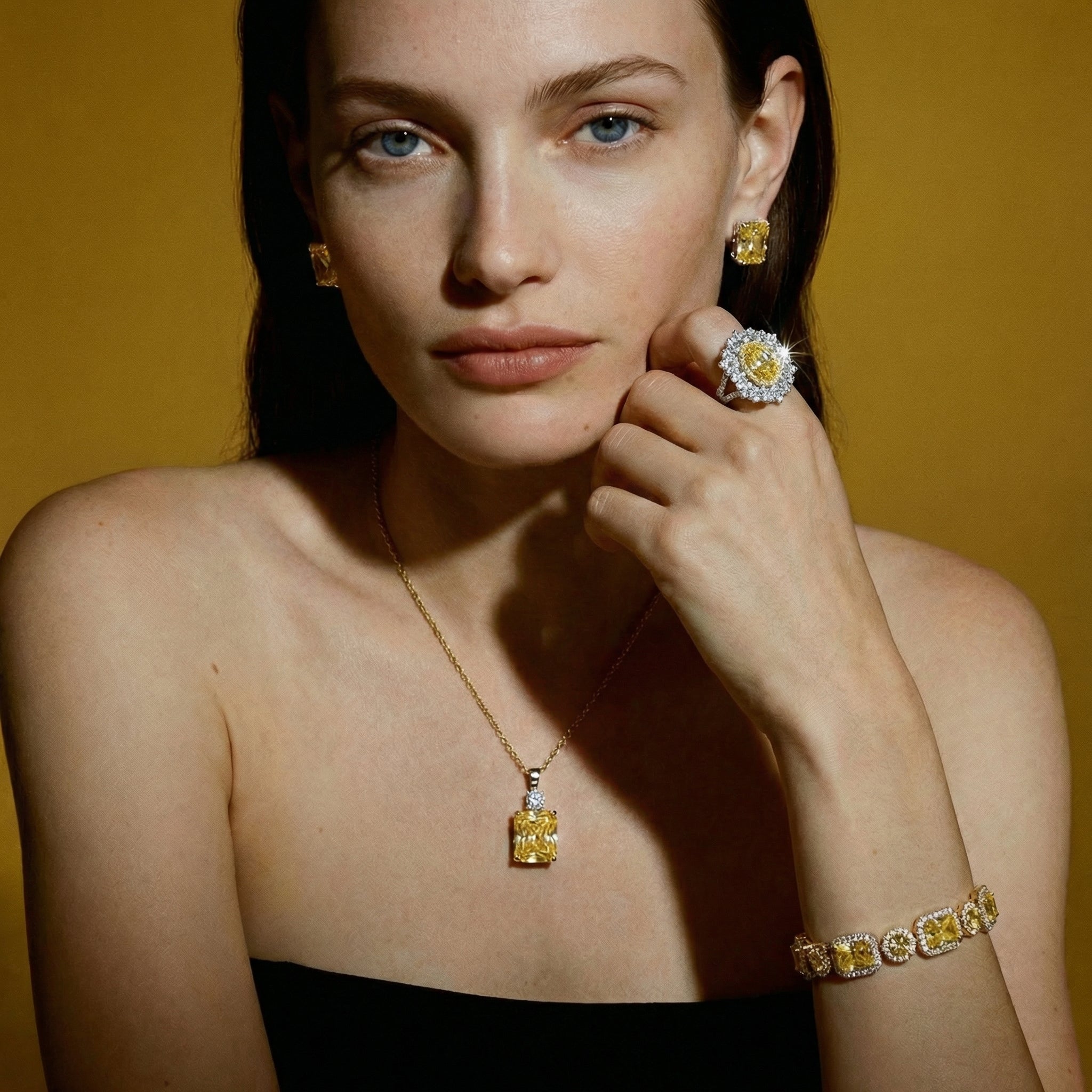 Imperial Gold Halo Set-Yellow Gemstone Jewelry Set Necklace, Bracelet, Earrings & Ring
