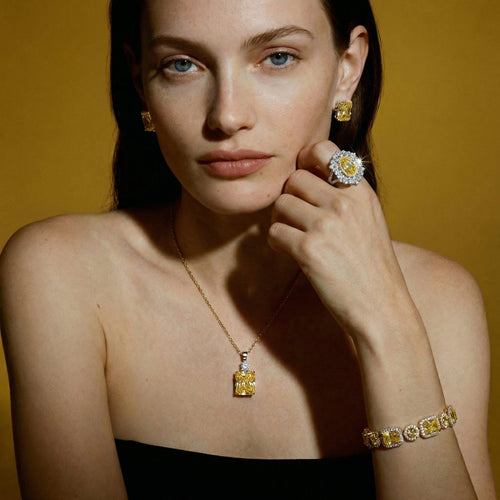 Imperial Gold Halo Set-Yellow Gemstone Jewelry Set Necklace, Bracelet, Earrings & Ring