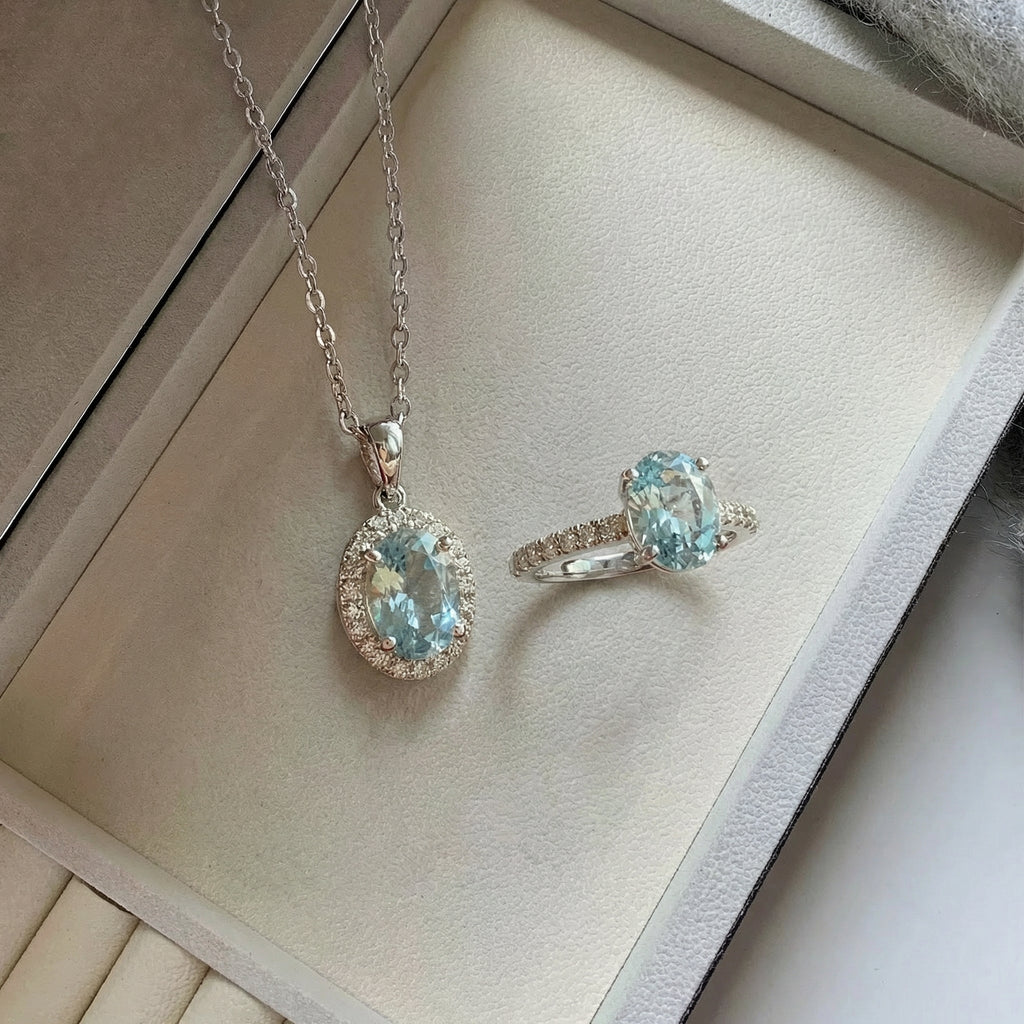 Azure Aquamarine Set-Natural Aquamarine Jewelry Set Necklace & Ring
